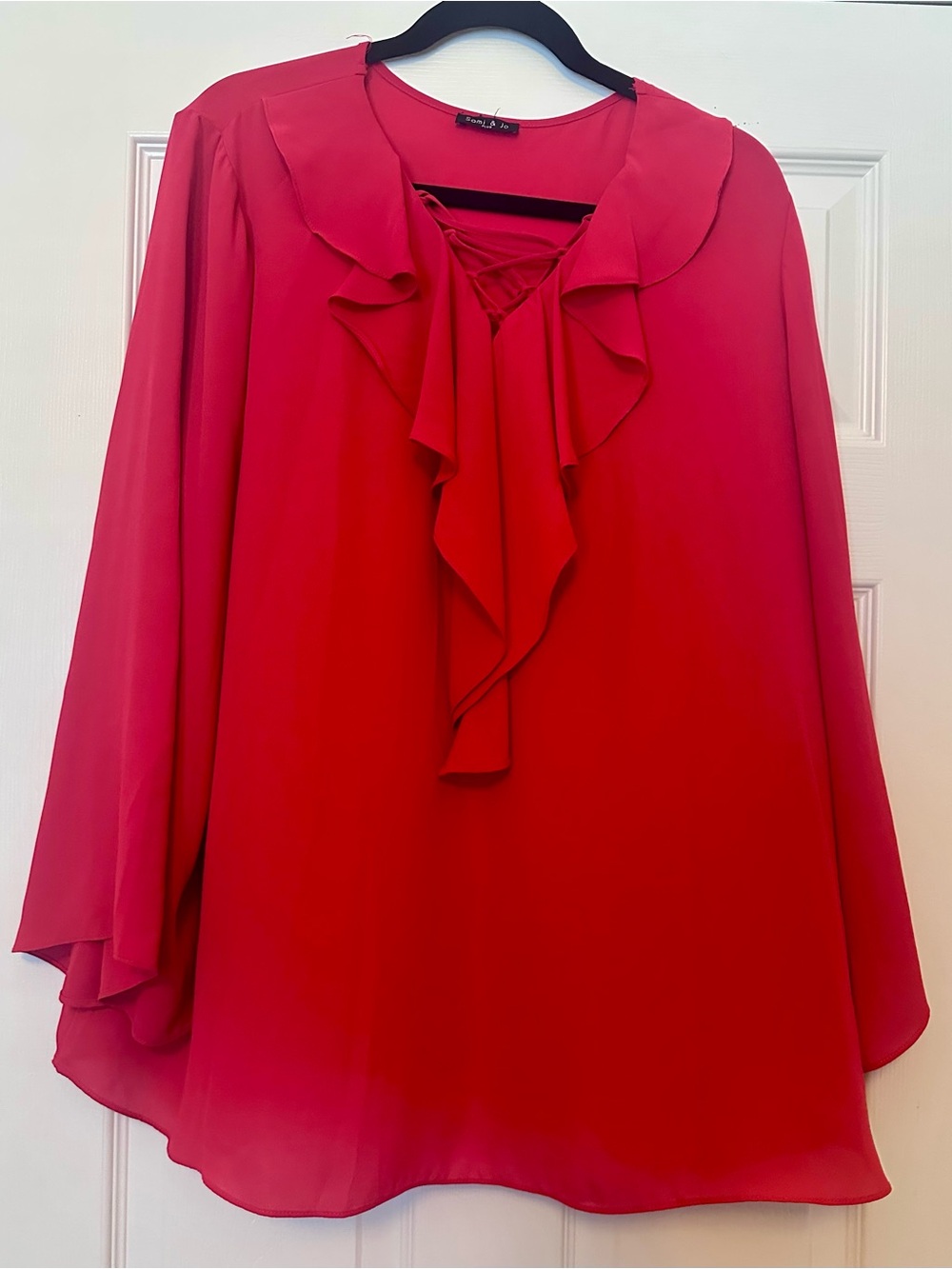 Sami & Jo Red Ruffle Tie-Neck Blouse - Size 2X